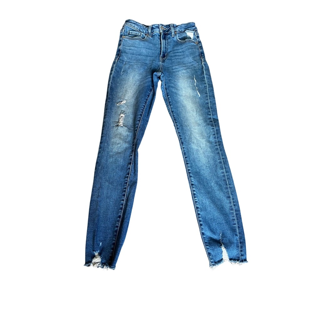 Zenana Women Distressed Skinny Jeans Medium Wash Ripped Raw Hem Size 26